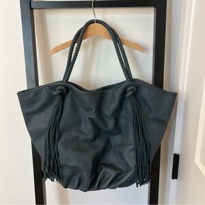Anthropologie Dark Blue Gray leather  Tote Bag with Braided Handles